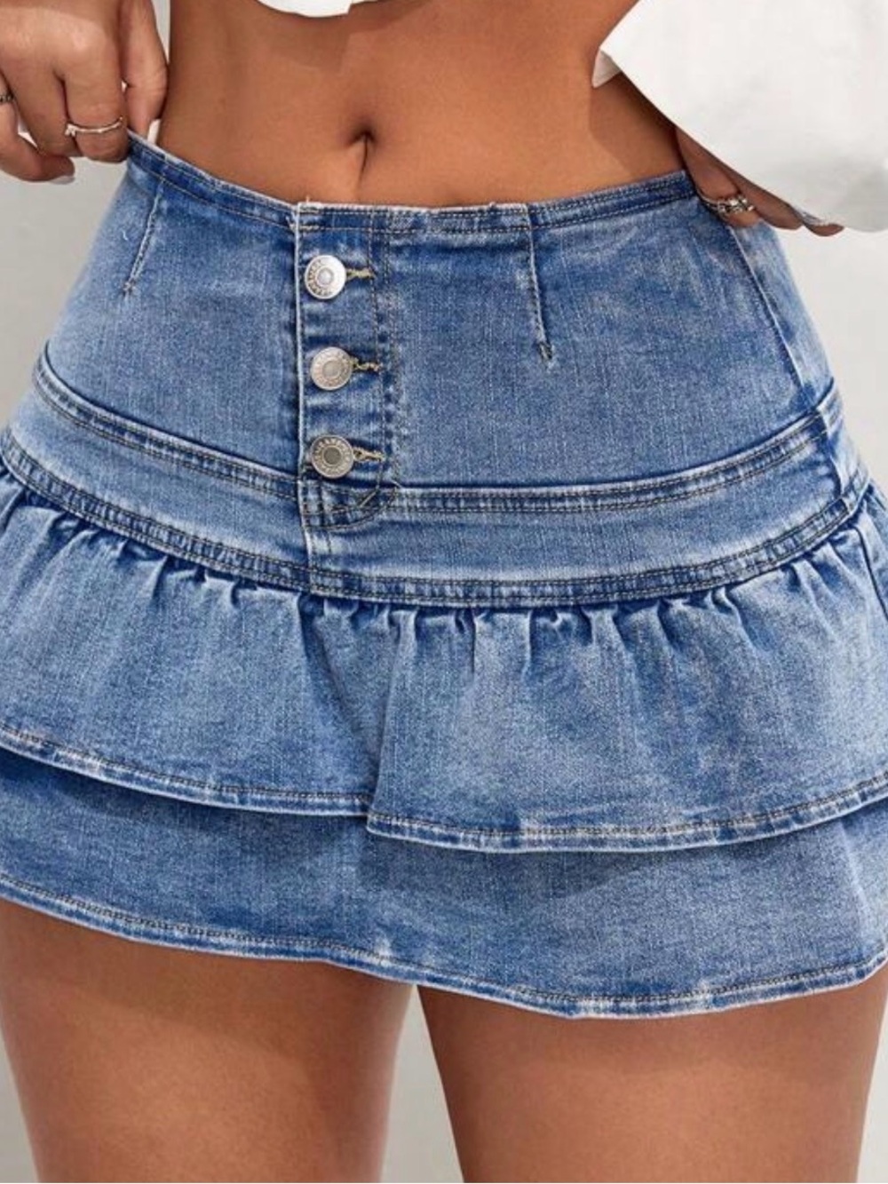 SHEIN Blue Tiered Ruffle Denim Mini Skirt